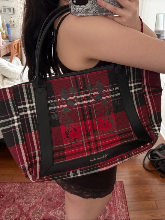 Victoria's Secret Handbags - Victoria’s secret Red Plaid Tote with Black Trim and black flower pattern